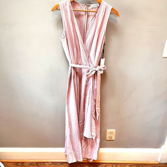 Sleeveless Calvin Klein Dress Womens Size 8 Pink Textured Belted Wrap Midi New W - Picture 1 of 10
